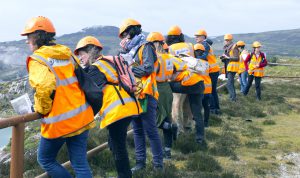 A group of people looking over a fence, dressed in hard hats and high vis jackets